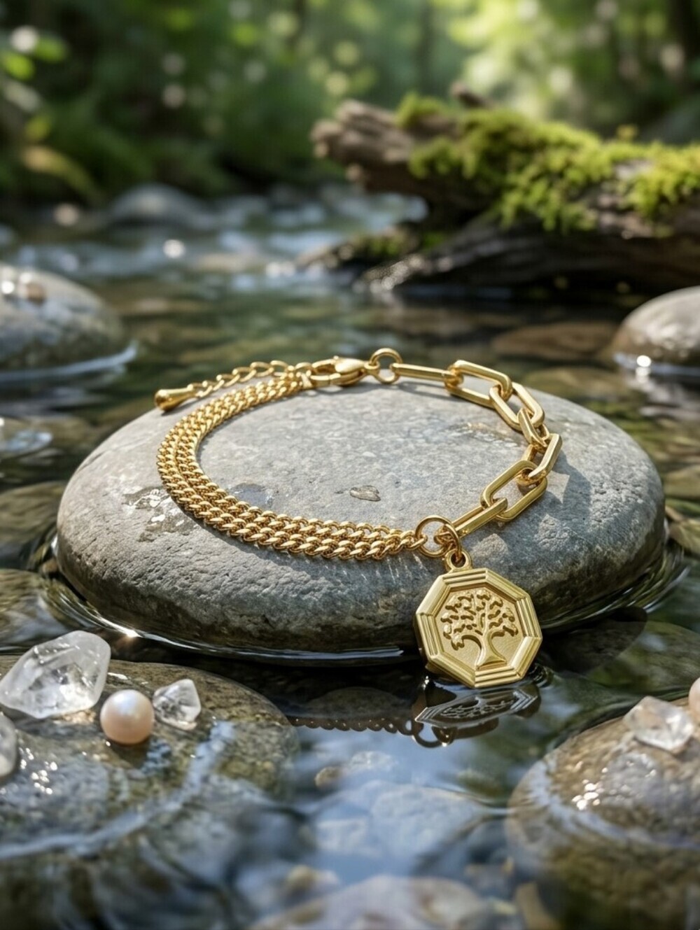 18K Gold Plated Stainless Steel Tree of Life Charm Paperclip Chain Bracelet